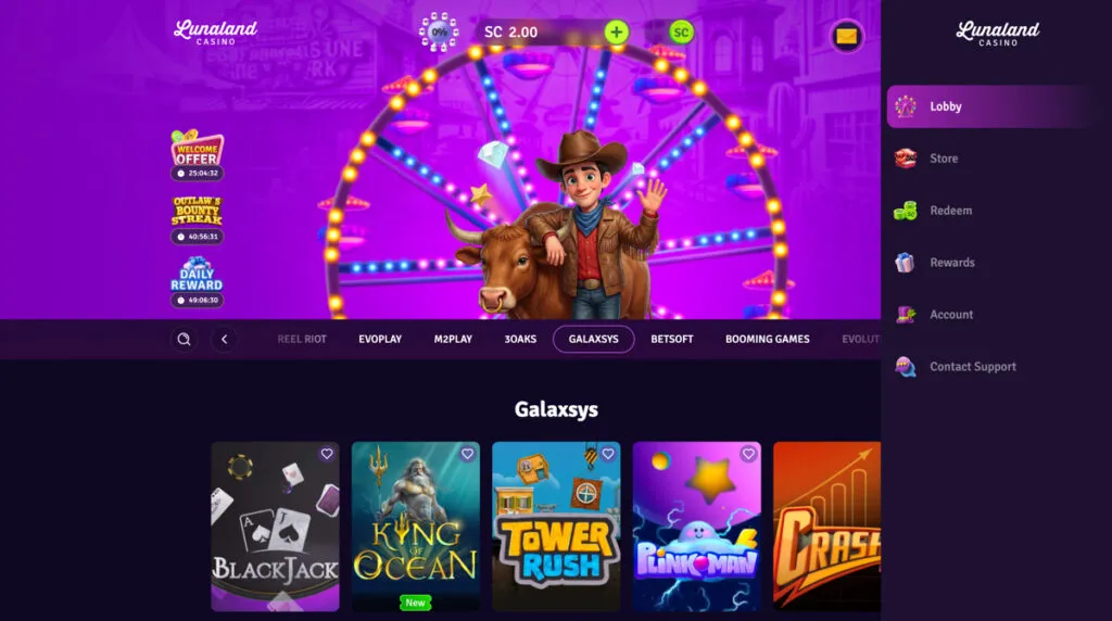 Lunaland Casino desktop view showing sidebar menu