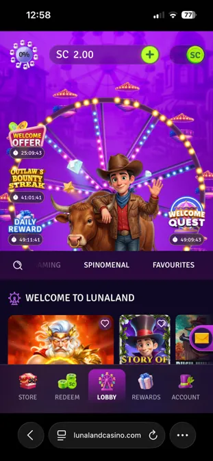 Lunaland Casino mobile website showing bottom navigation and game lobby