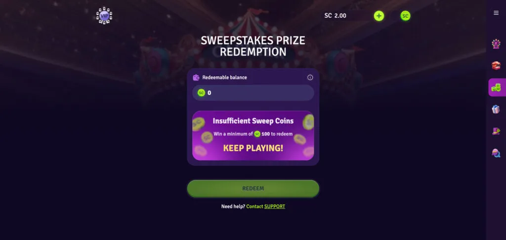 Lunaland Casino redeem page showing Sweeps Coins balance