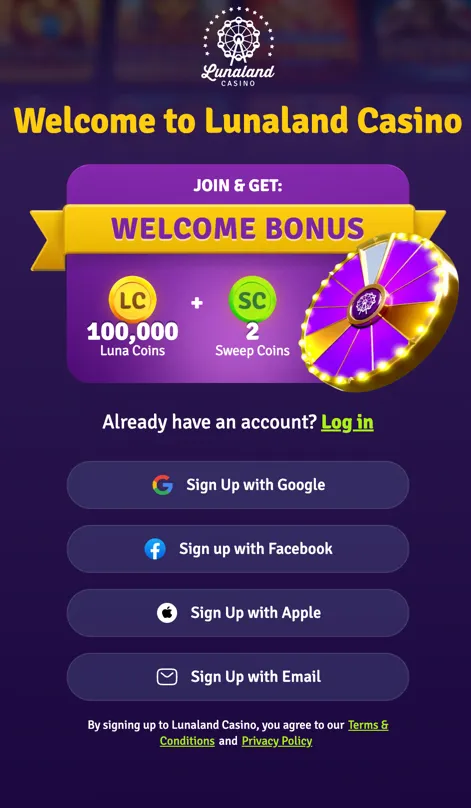 Lunaland Casino registration page showing sign up form with email and social login options
