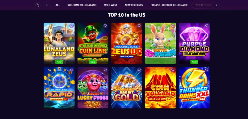 Lunaland Casino top 10 slots section showing most popular games