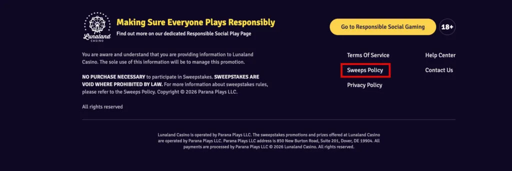 Lunaland Casino Sweeps Policy link on website