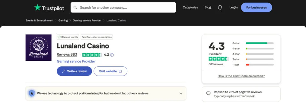 Lunaland Casino Trustpilot reviews page used to check player feedback and ratings