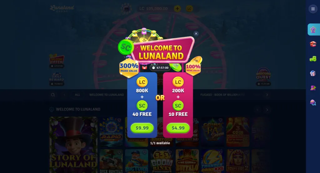 Lunaland Casino first purchase bonus options with 300% and 100% matches