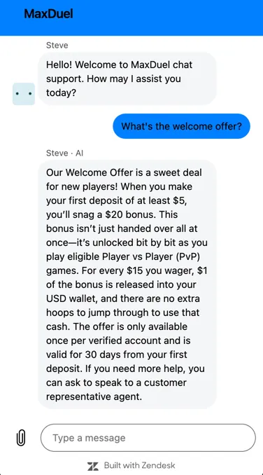 MaxDuel live chat conversation with AI support agent Steve