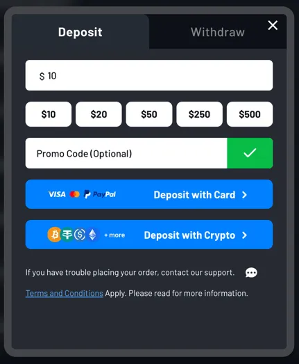 MaxDuel deposit methods, including cards, PayPal, and crypto