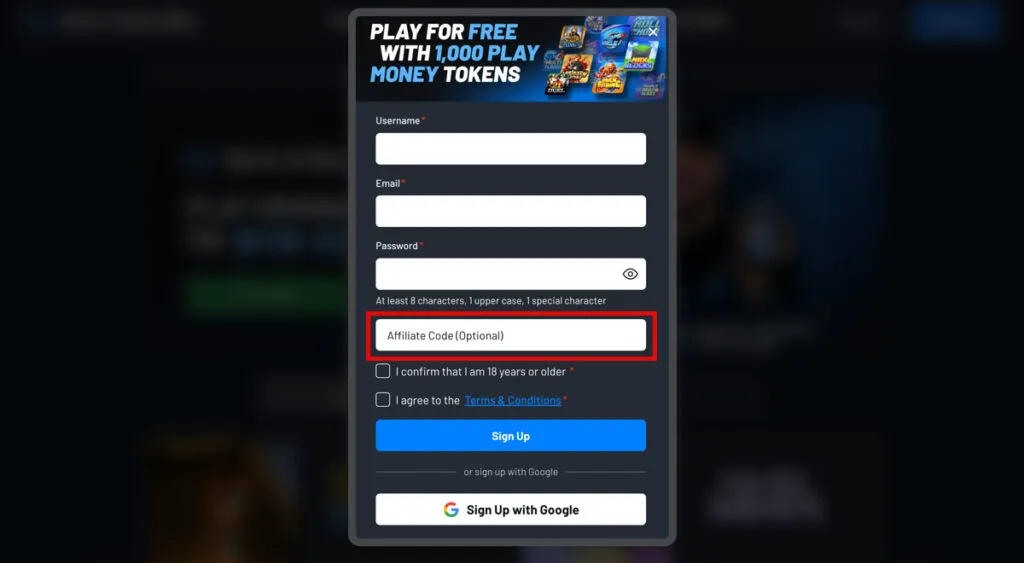 MaxDuel sign-up page showing the optional affiliate code and promo code box