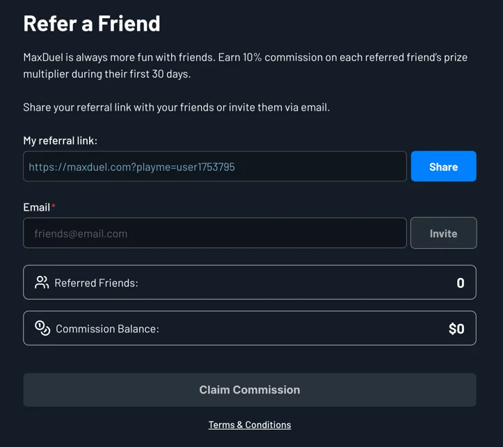 MaxDuel Refer A Friend page with referral link and commission details