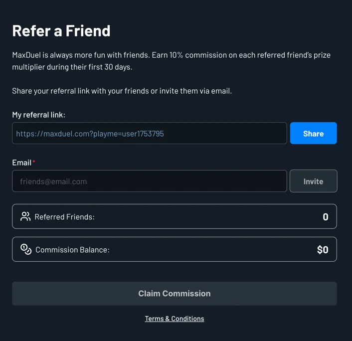 MaxDuel refer-a-friend program offering commission rewards for inviting new players