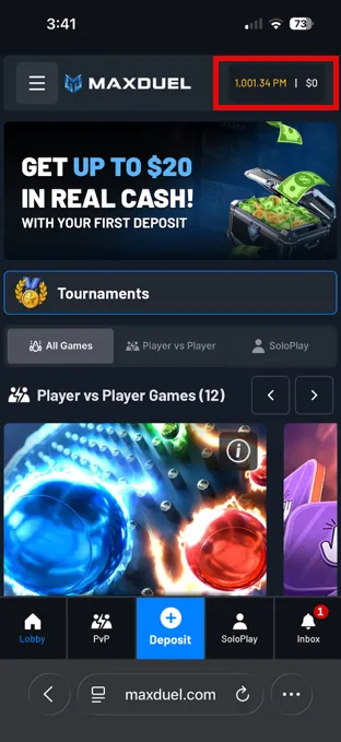 MaxDuel mobile website showing Play Money and cash balances at the top of the screen
