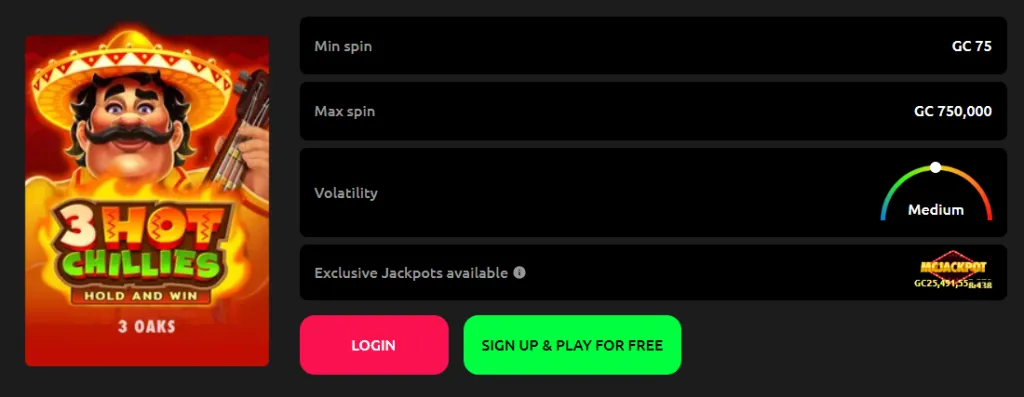 3 Hot Chillies slot info page on McLuck displaying minimum and maximum spin amounts