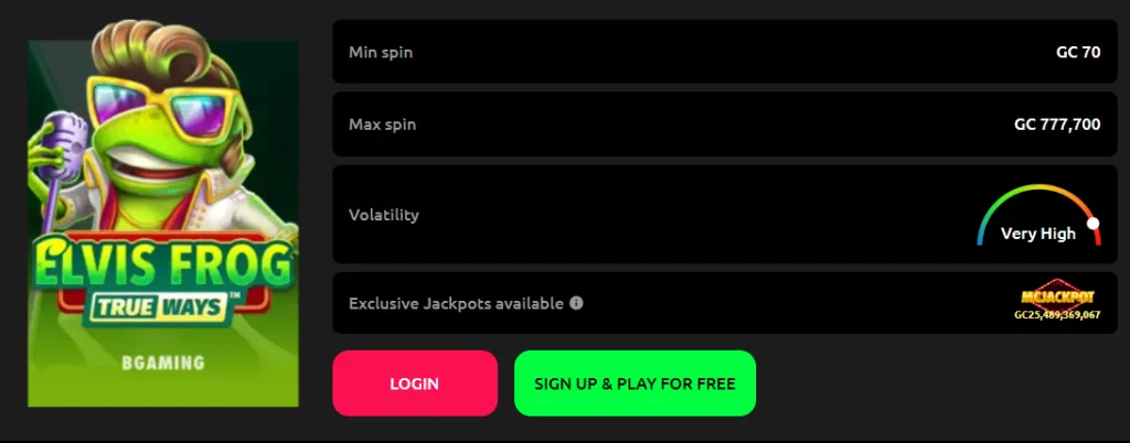 Elvis Frog Trueways slot game information shown on McLuck website