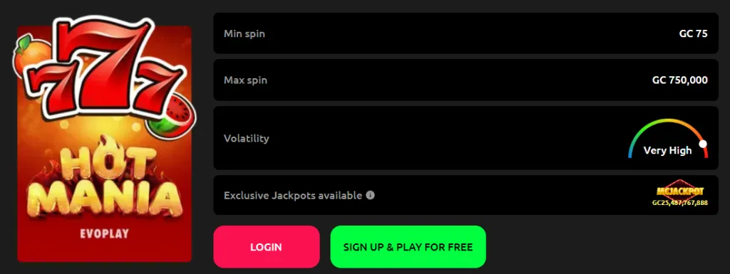 Hot Mania by Evoplay slot details on McLuck Casino with betting limits and volatility