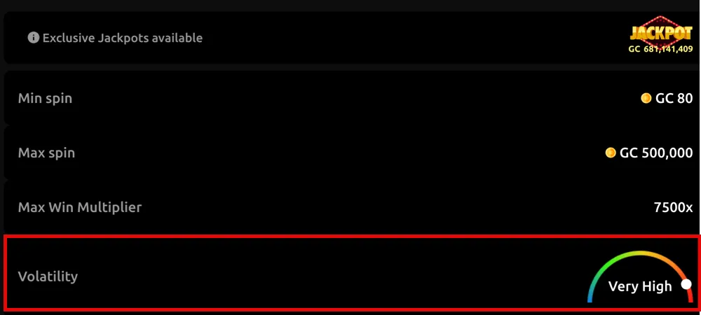 Example of a volatility level being shown for a McLuck slot game