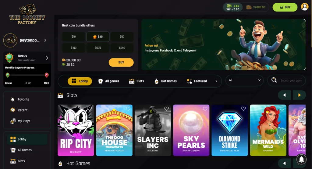 The Money Factory social casino lobby with popular slot games and active promotions visible