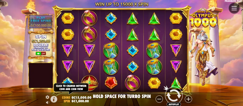 Gates of Olympus 1000 slot game in action at The Money Factory, showing Zeus and the reel symbols