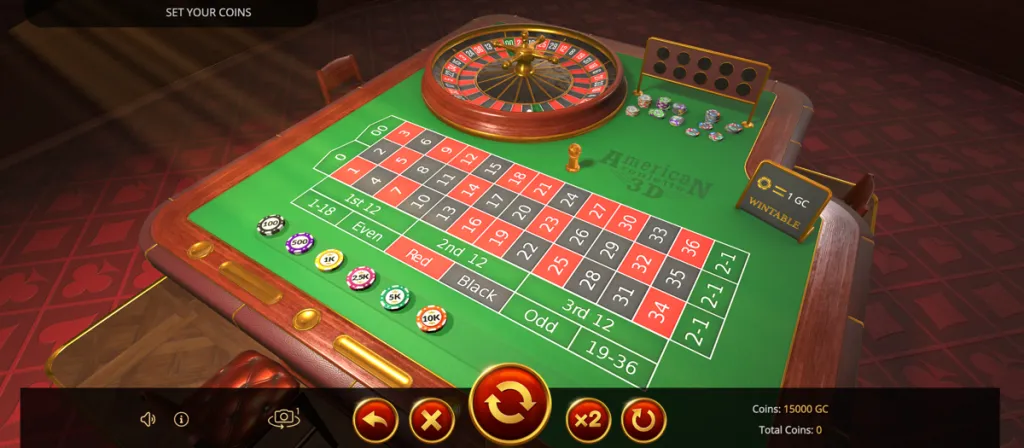 American Roulette 3D game on a Washington social casino site, with the wheel spinning and bets placed across the virtual table