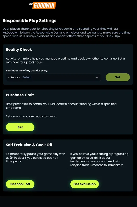 Mr. Goodwin Casino Responsible Play Settings showing limits, reminders, and self-exclusion options
