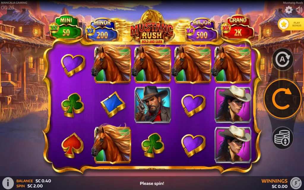 Mustang Rush slot game in action on a Washington online casino site, featuring wild symbols and bonus reels
