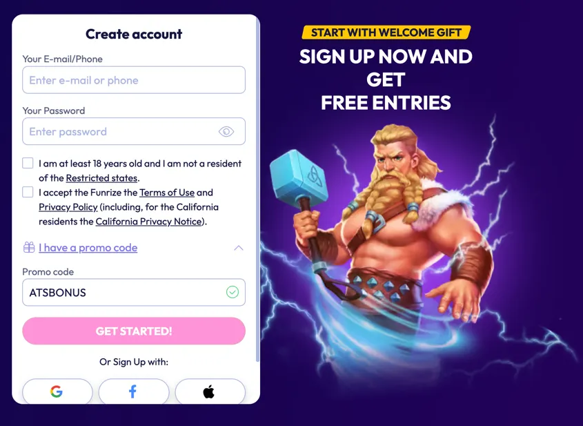 Funrize registration page showing promo code field to claim no-deposit bonus at a Nevada sweepstakes casino