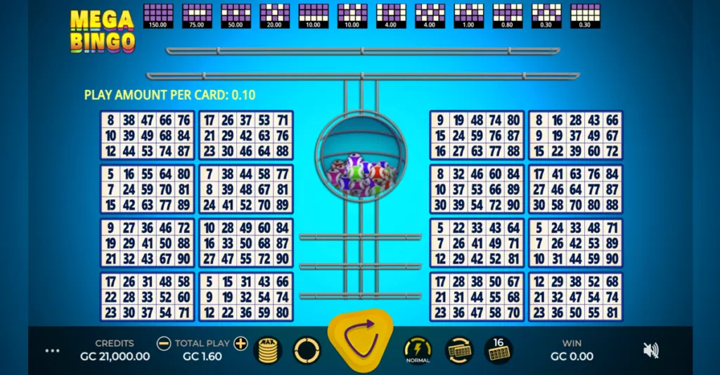 Online Mega Bingo game in progress at a Nevada sweepstakes casino with virtual cards