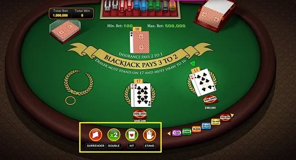 Online blackjack game showing cards on the table and a virtual dealer