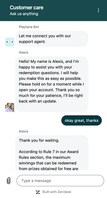 Playtana customer support via live chat