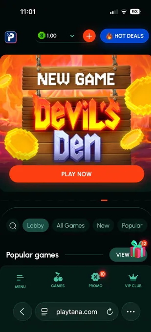 Playtana mobile website on iPhone
