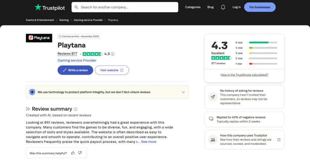 Playtana Trustpilot rating and player reviews