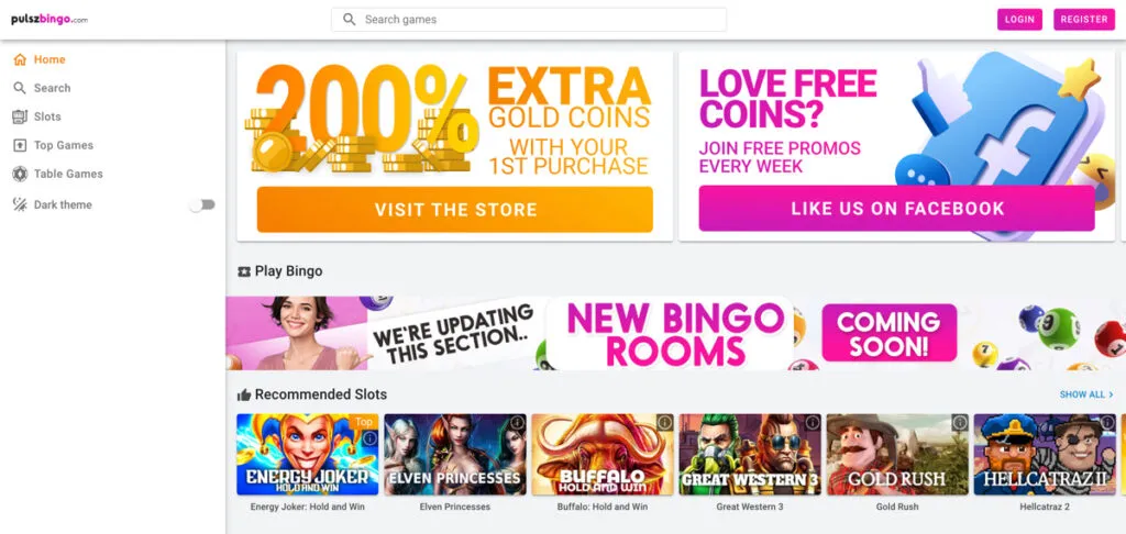 Pulsz Bingo lobby showing recommended slots and social media giveaways