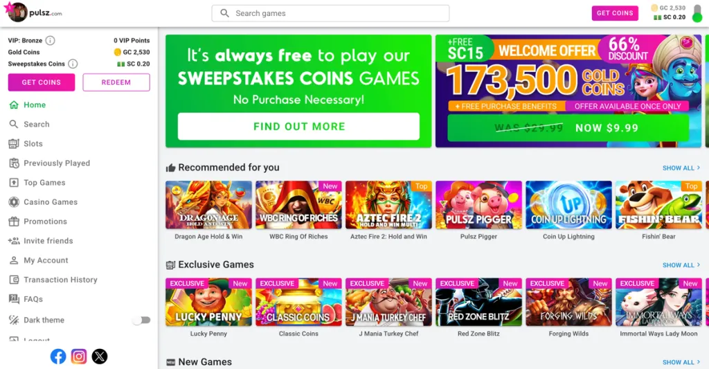 Pulsz Casino lobby, showing off popular games and active promotions for Delaware players