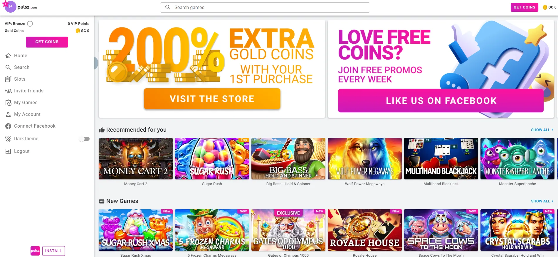 Pulsz Casino lobby showing recommended games and social media giveaways