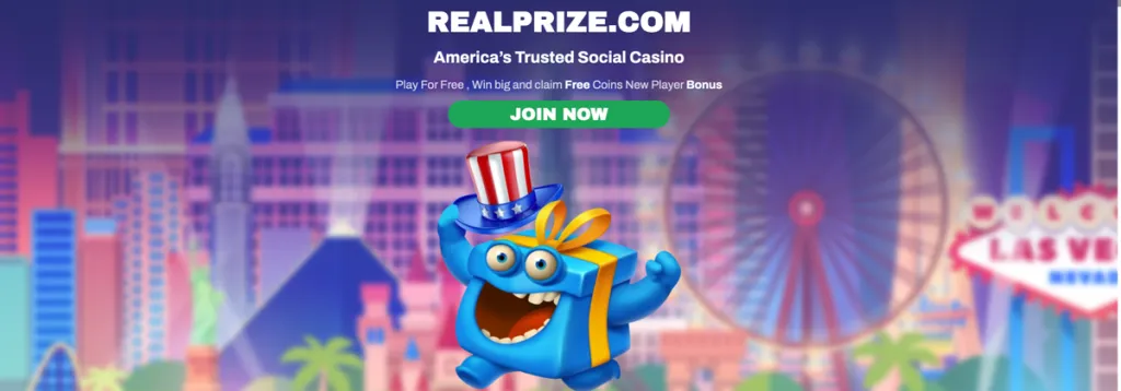 RealPrize Casino homepage showing new player bonus with free coins, available to Vermont users