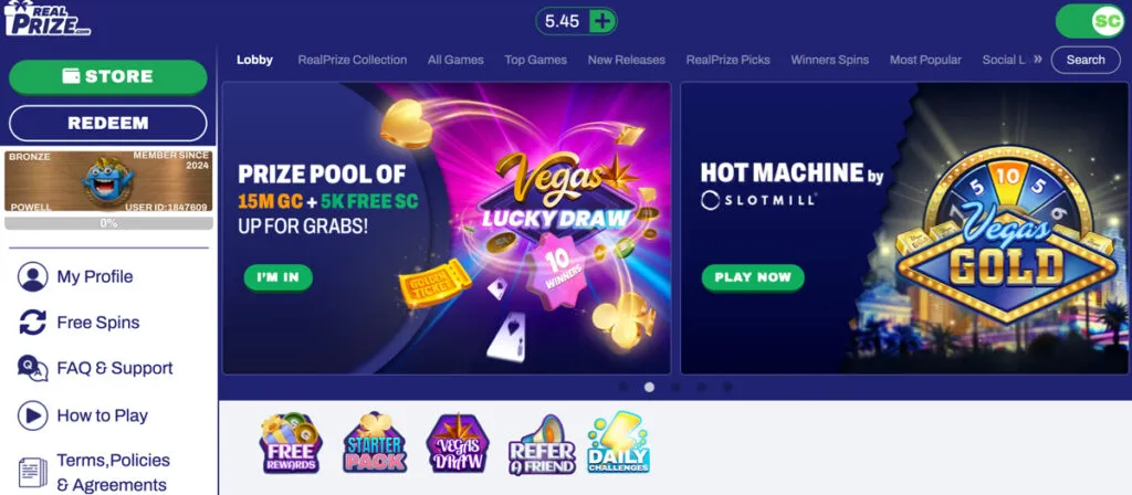 RealPrize Casino lobby showing special events and ongoing promotions