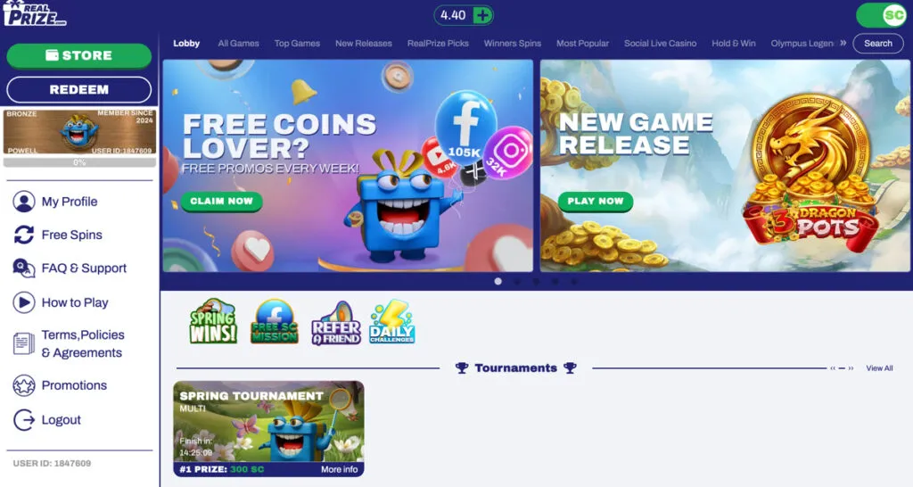 RealPrize Casino lobby showing daily challenges, slot tournaments, social media giveaways, and other promotions