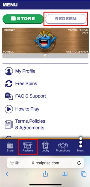 RealPrize Redeem Button