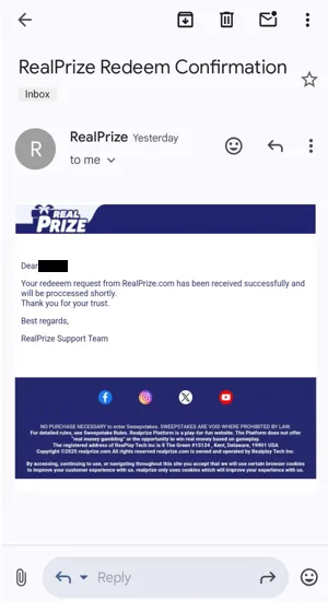 RealPrize Redeem Confirmation