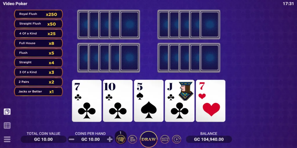 Online video poker game with draw and hold options displayed