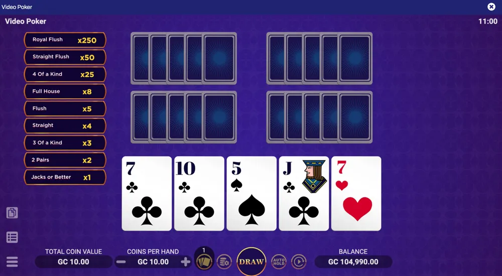 Rhode Island online casino showing video poker gameplay with a hand of cards displayed