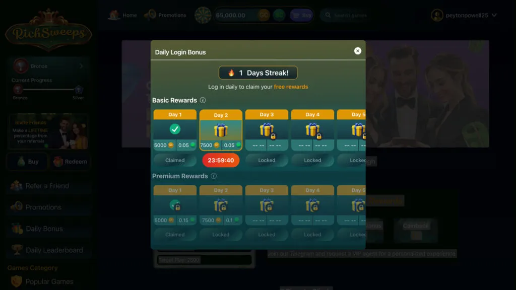 RichSweeps daily login bonus for everyday players