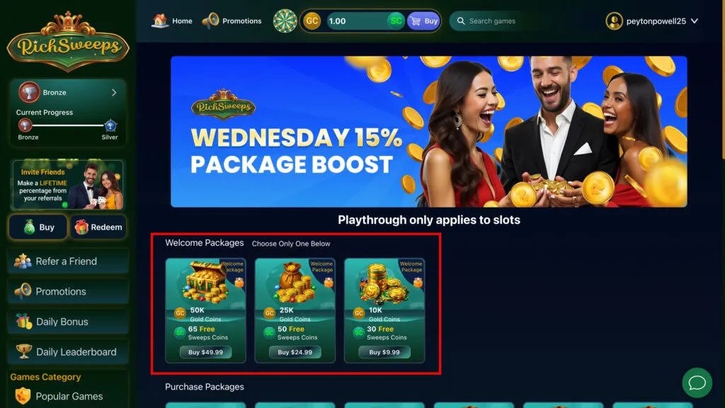 RichSweeps welcome packages and first-purchase bonuses