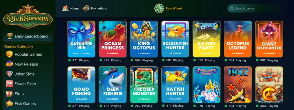Fish Games section at RichSweeps Casino