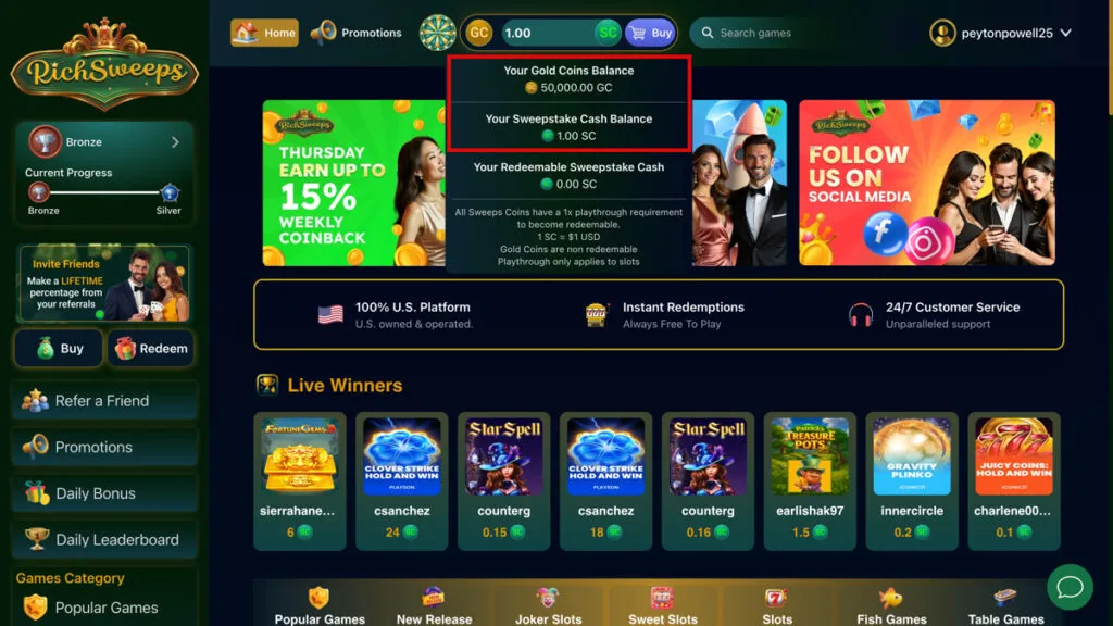RichSweeps no-deposit bonus providing 50K Gold Coins and 1 free Sweeps Coin