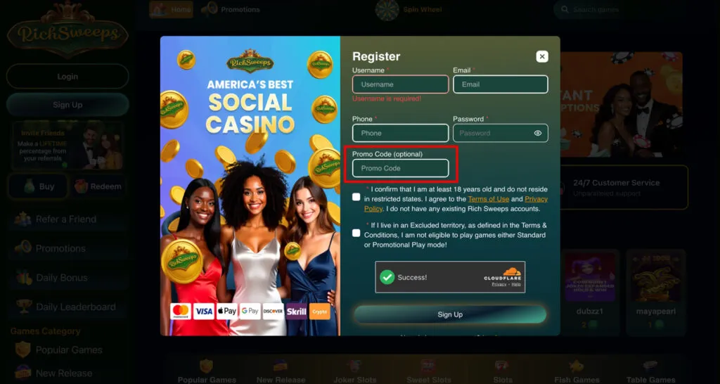 RichSweeps promo code box during registration