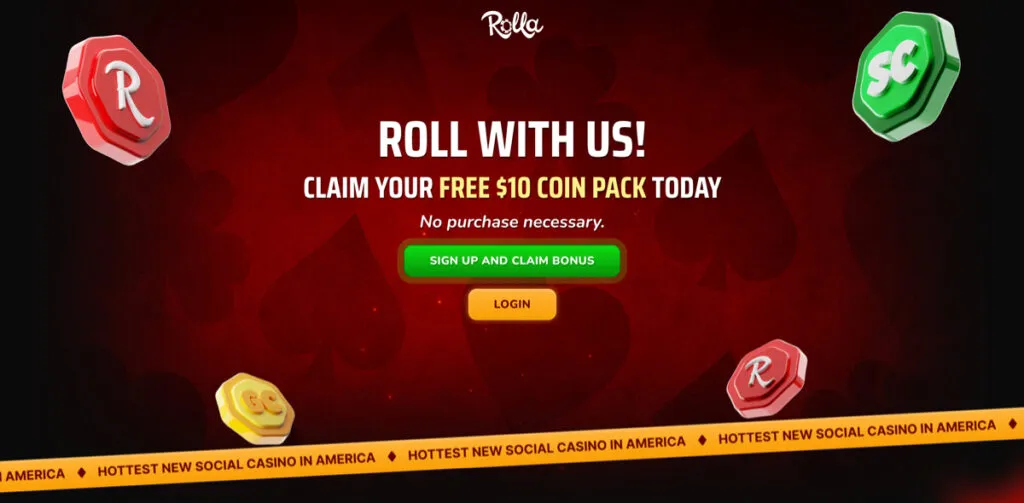 Example of Rolla social casino free entry bonus offering 10 Sweeps Coins