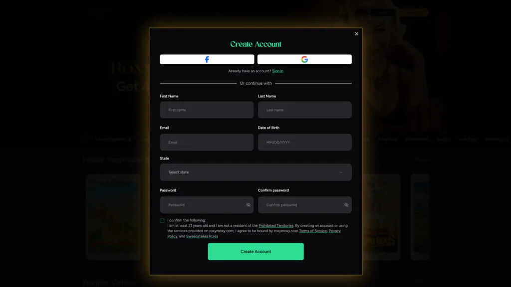 Roxy Moxy Casino sign-up page with registration form for creating a new account