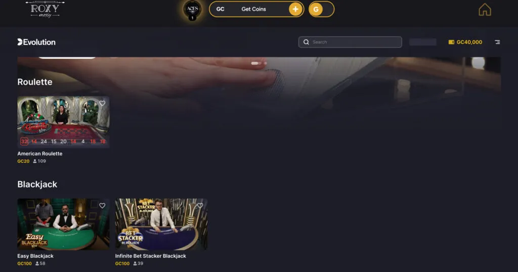 Roxy Moxy Casino live dealer games lobby powered by Evolution