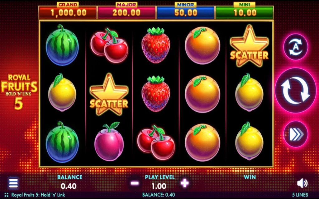 Royal Fruits 5 Hold’n’Link slot game in action at a Nevada sweepstakes casino with colorful fruit symbols and bonus feature