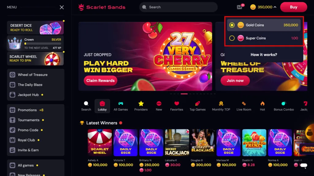 Scarlet Sands lobby view showing 350,000 Gold Coins and 1 Sweeps Coin added to a new player’s balance