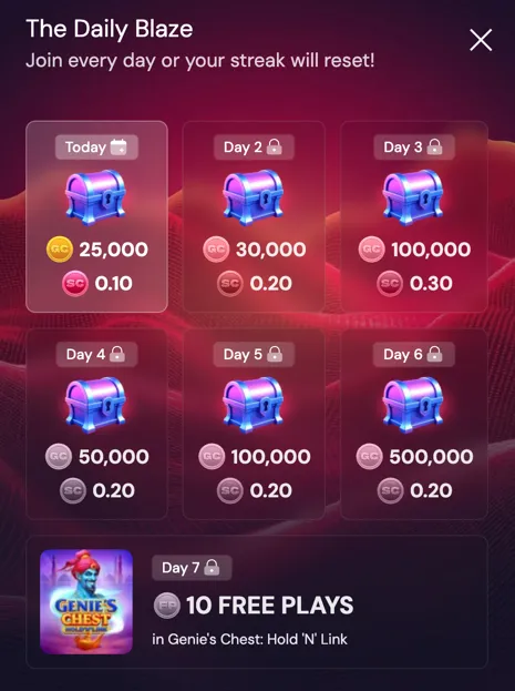 Scarlet Sands daily login bonus calendar showing rewards for Days 1 through 7